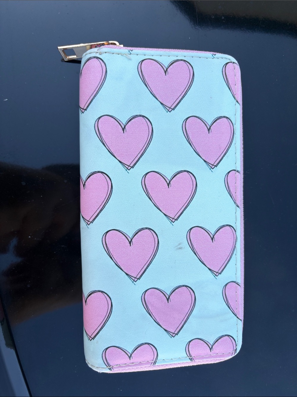 Heart Print Zip Wallet - Pink Hearts on Light Blue